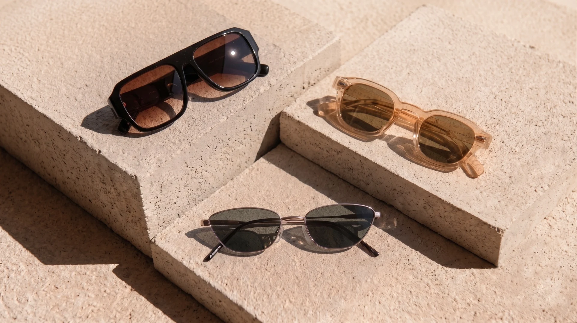Three pairs of Vello sunglasses arranged on sunlit stone blocks