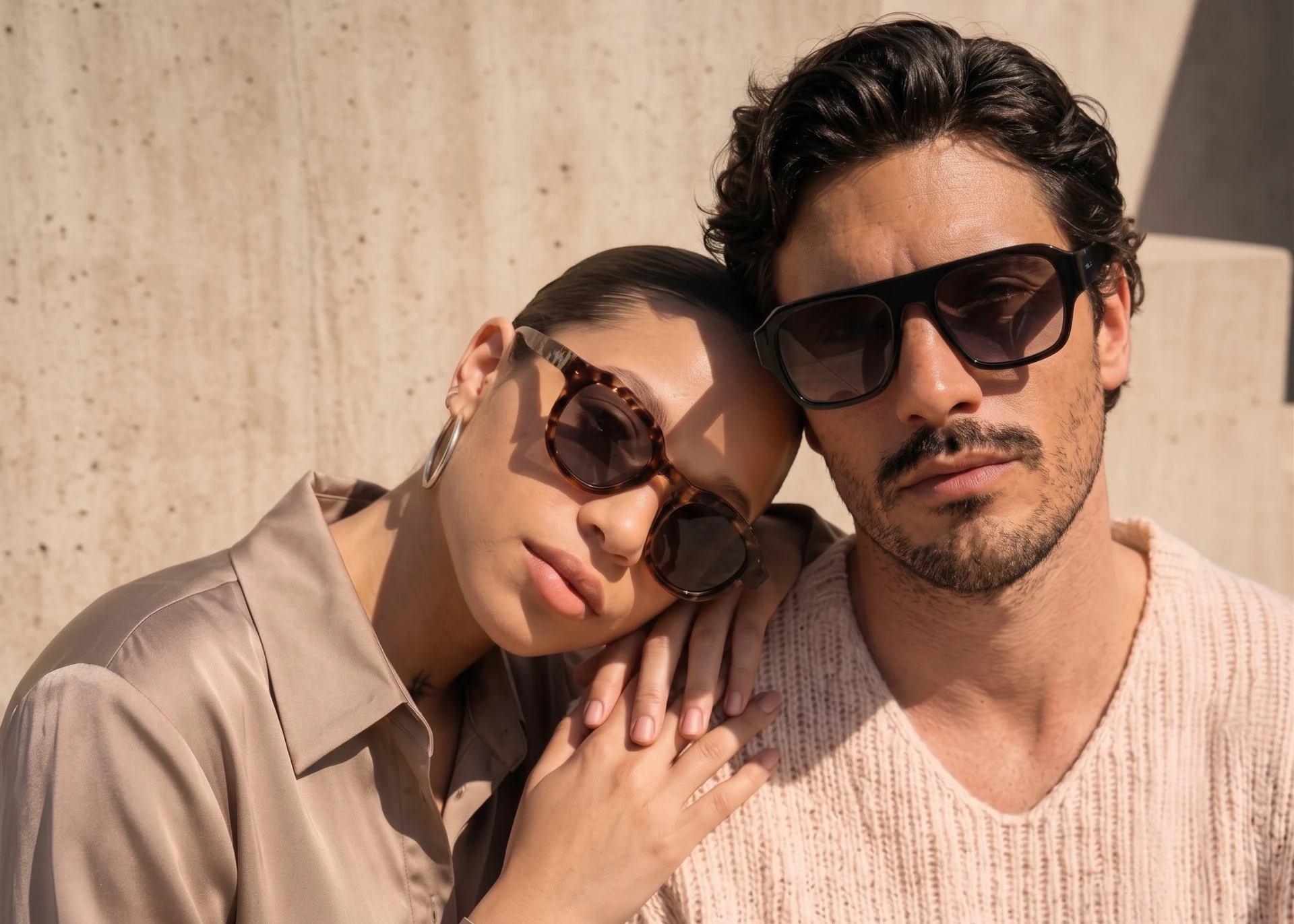 Two AI models wearing Vello sunglasses against warm stone architecture